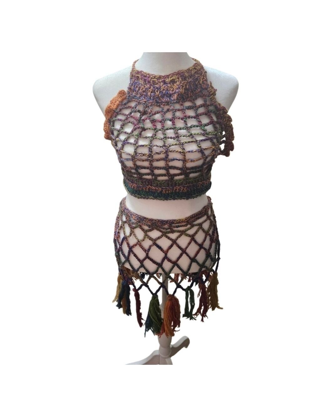 Handmade Crochet Swim Cover-up Fishnet Design Multicolor Rainbow Halter Crop-Top - Picture 5 of 17